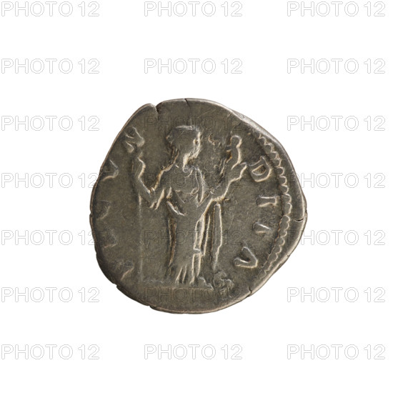 Denarius, Marcus Aurelius (121–180; Roman emperor 161–180) and Faustina the Younger (c.130–176; Roman empress 161–176). Imperial busts; imperial iconography. Obverse: legend 'FAVSTINA AVGVSTA' — draped bust of the empress right, hair in waves tied in a bun, pearl border. Reverse: legend 'FECVNDITAS' — Fecunditas (personification) facing right, holding a scepter in her left hand and a child in her right, pearl border. Date: 161–176. Roman Empire; Rome. Coin; weight 3.01 g.