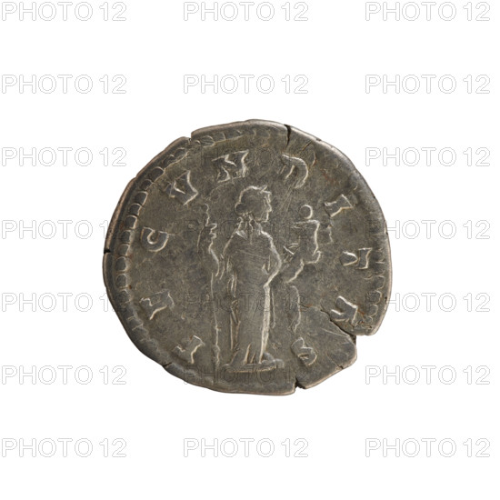 denarius, Marcus Aurelius (121–180; Roman emperor 161–180), Faustina the Younger (c.130–176; Roman empress 161–176), busts, Faustina the Younger, imperial busts, treasures (numism), Marcus Aurelius, Faustina the Younger - iconography, Fecunditas (personification), child (attribute), scepter (attribute). Obv. FAVSTINA AVGVSTA — Bust of the empress on the right in drapery, with hair arranged in waves and tied in a bun at the back of the head. Pearl border. Rev. FECVNDITAS — Fecunditas stands turned to the right, holding a scepter in her left hand, a child in her right hand. Pearl border. Date: 161–176. Roman Empire (27 BC–476). Rome. Coin, weight 3.00 g, axis 180°