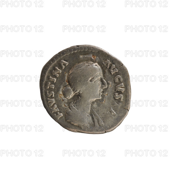 Denarius, Marcus Aurelius (121–180; Roman emperor 161–180) and Faustina the Younger (ca. 130–176; Roman empress 161–176). Obverse: FAVSTINA AVGVST[A], draped bust of the empress to right, hair in waves tied in a bun, pearl border. Reverse: FECVNDI, Fecunditas standing right holding a scepter in left hand and a child in her right, pearl border. Iconography: Fecunditas (personification) with child and scepter. Imperial busts; Golub treasure (numism). Date: 161–176. Roman Empire (27 BC–476). Coin, weight 2.97 g.