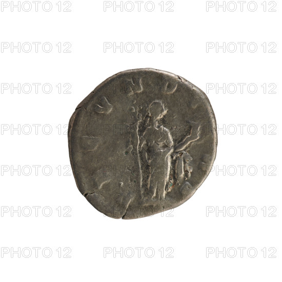 Denarius, Marcus Aurelius (121–180; Roman emperor 161–180) and Faustina the Younger (ca. 130–176; Roman empress 161–176). Obverse: Draped bust of the empress facing right, hair arranged in waves and tied in a bun, pearl border, inscription 'FAVSTINA AVGVS'. Reverse: Fecunditas standing facing right, holding a scepter in her left hand and a child in her right, pearl border, inscription 'FECVNDI'. Iconography: imperial busts, Fecunditas (personification) with child and scepter. Date: 161–176. Culture/place: Roman Empire, Rome. Medium: coin (denarius). Weight: 2.97 g.