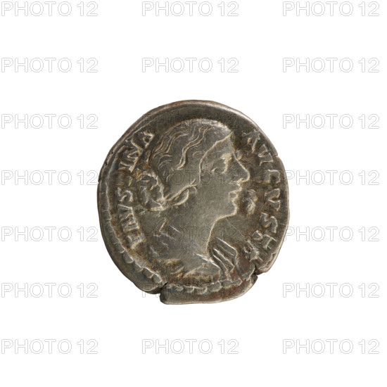 Denarius, Marcus Aurelius (121–180), Faustina the Younger (ca. 130–176), busts, imperial busts; Faustina the Younger (ca. 130–176) — iconography; Hilaritas (personification) with cornucopia and palm branches. Obverse: FAVSTINA AVGVSTA — Draped bust of the empress right, hair in waves tied in a bun, pearl border. Reverse: HILARITAS — Hilaritas facing left, holding a long palm in her right hand and a cornucopia in her left, pearl border. Date: 161–176. Roman Empire, Rome. Coin; weight 3.11 g.