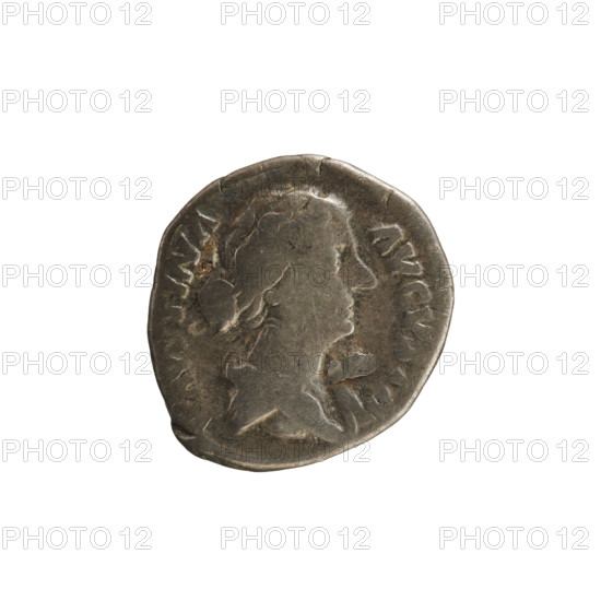 Denarius, Marcus Aurelius (121–180; Roman emperor 161–180), Faustina the Younger (ca. 130–176; Roman empress 161–176). Obverse: FAVSTINA AVGVSTA — bust of the empress right, in drapery, hair in waves tied in a bun. Reverse: HILARITAS — Hilaritas standing left, right hand holding a long palm, left hand holding a cornucopia. Coin, Roman Empire (27 BC–476), Rome, 161–176, weight 3.44 g, axis 180°.