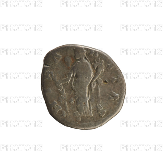 Denarius, Marcus Aurelius (121–180; Roman emperor 161–180), Faustina the Younger (ca. 130–176; Roman empress 161–176). Obverse: FAVSTINA AVGVSTA — bust of the empress right, drapery, hair in waves tied in a bun. Reverse: HILARITAS — Hilaritas standing left, right hand holding a long palm, left hand holding a cornucopia. Date: 161–176. Roman Empire (27 BC–476), Rome. Coin; weight 3.44 g; axis 180°.