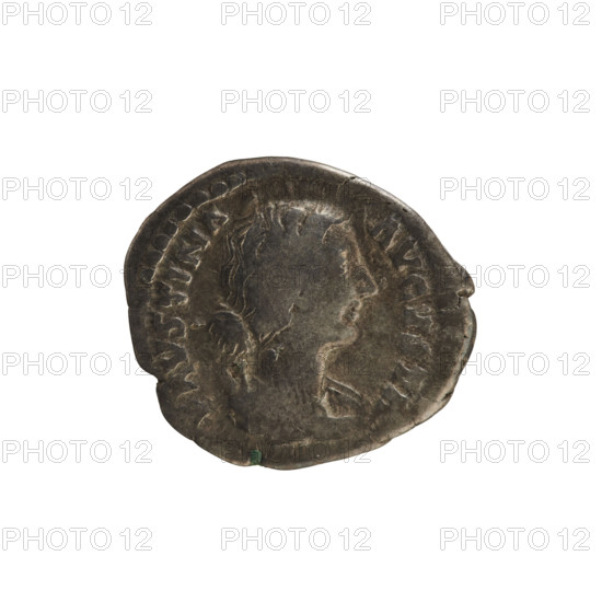 denarius, Marcus Aurelius (121–180; Roman emperor 161–180), Faustina the Younger (ca. 130–176; Roman empress 161–176), busts, imperial busts, Faustina the Younger — iconography, Hilaritas (personification), cornucopia (attribute), palm branches (attribute). Obv.: AVSTINA AVGVSTA — Bust of the empress on the right in drapery, with hair arranged in waves and tied in a bun at the back of the head. Pearl border. Rev.: HILA RITAS — Hilaritas stands turned to the left, in her right hand she holds a long palm, in the left a cornucopia. 161–176, Roman Empire (27 BC–476), Rome, coin, weight 3.06 g, axis 180 degrees