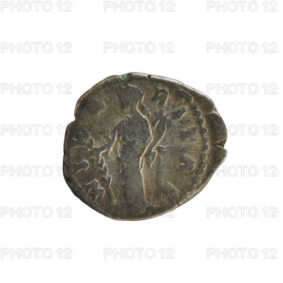 Denarius, Marcus Aurelius (121–180; Roman emperor 161–180) and Faustina the Younger (c.130–176; Roman empress 161–176). Imperial busts: bust of the empress on the right in drapery, hair arranged in waves and tied in a bun, pearl border. Obverse inscription: AVSTINA AVGVSTA. Reverse: Hilaritas standing turned left, holding a long palm in her right hand and a cornucopia in her left; pearl border; reverse inscription: HILA RITAS. Date: 161–176. Roman Empire (27 BC–476). Rome. Coin; weight 3.06 g; axis 180°.