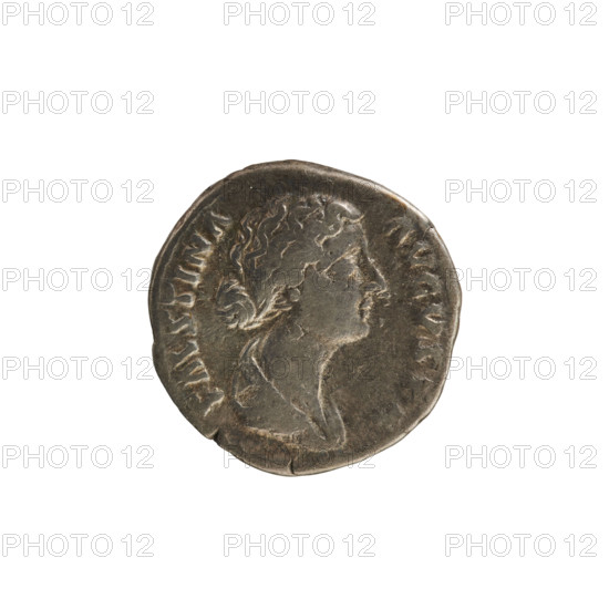 Denarius, Marcus Aurelius (121–180; Roman emperor 161–180) and Faustina the Younger (ca. 130–176; Roman empress 161–176). Obverse: FAVSTINA AVGVSTA — bust of the empress right, drapery, hair in waves tied in a bun, wearing a diadem; pearl border. Reverse: HIL A R — Hilaritas standing left, right hand holding a long palm, left hand holding a cornucopia; pearl border. Iconography: imperial busts, Hilaritas (personification), cornucopia, palm branches. Date: 161–176. Rome, Roman Empire. Coin; weight 3.17 g; axis 180°.