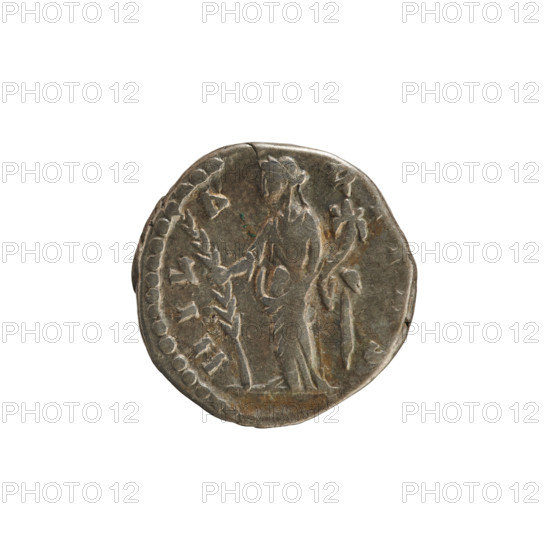 denarius, Marcus Aurelius (121–180; Roman emperor 161–180), Faustina the Younger (ca. 130–176; Roman empress 161–176), bust of Faustina the Younger, imperial busts, treasures (numism), iconography of Faustina the Younger, Hilaritas (personification), cornucopia (attribute), palm branches (attribute). Obv.: 'FAVSTINA AVGVSTA' — Bust of the empress right, draped, hair in waves tied in a bun, wearing a diadem; pearl border. Rev.: 'HIL A R' — Hilaritas turned left, holding a long palm in her right hand and a cornucopia in her left; pearl border. Date: 161–176. Place: Rome, Roman Empire. Object: coin (denarius). Weight: 3.17 g. Axis: 180 degrees.