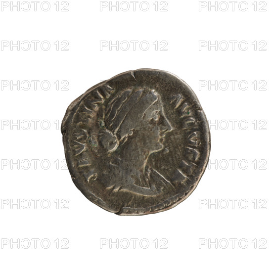 denarius, Marcus Aurelius (121–180; Roman emperor 161–180), Faustina the Younger (ca. 130–176; Roman empress 161–176); obverse: bust of the empress on the right in drapery, hair arranged in waves and tied in a bun, pearl border, inscription FAVSTINA AVGVSTA; reverse: HILARITAS standing facing left, holding a long palm in her right hand and a cornucopia in her left, pearl border, inscription HIL A RITAS; iconography includes imperial bust, cornucopia, palm branches, personification Hilaritas; date ca. 161–176, Roman Empire, Rome; coin (denarius), weight 3.04 g, axis 180°.