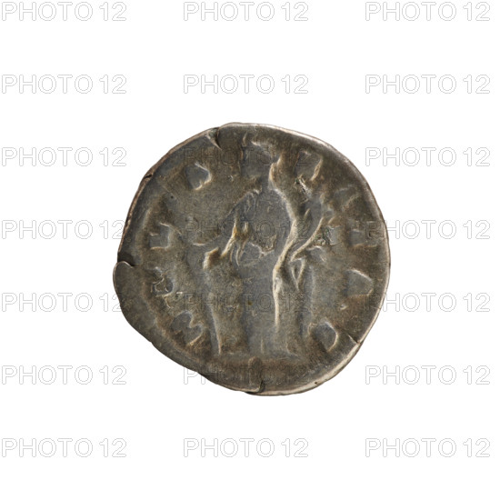 Denarius, Marcus Aurelius (121–180; Roman emperor 161–180) and Faustina the Younger (ca. 130–176; Roman empress 161–176). Obverse: FAVSTINA AVGVSTA — Bust of the empress right, draped, hair in waves tied in a bun, pearl border. Reverse: HIL A RITAS — Hilaritas (personification) standing left, holding a long palm in her right hand and a cornucopia in her left, pearl border. Date: 161–176. Roman Empire (27 BC–476), Rome. Coin; weight 3.04 g; axis 180°.
