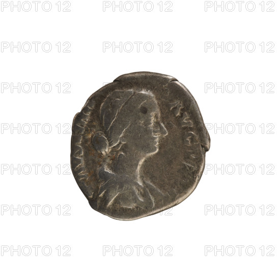 Denarius, Marcus Aurelius (121–180; Roman emperor 161–180) and Faustina the Younger (c.130–176; Roman empress 161–176). Obverse: bust of the empress to right in drapery, hair arranged in waves and tied in a bun; inscription (partially visible) 'FAVSTINA AVGVSTA' (only lower parts of letters visible). Reverse: HILARITAS (poorly legible) — personification Hilaritas facing left, holding a long palm in her right hand and a cornucopia in her left. Roman Empire, 161–176; coin; weight 2.99 g.