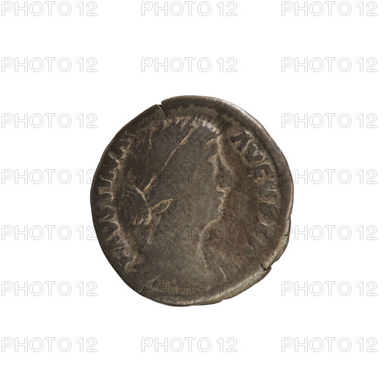 Denarius, Marcus Aurelius (121–180; Roman emperor 161–180) and Faustina the Younger (c.130–176; Roman empress 161–176). Obverse: Bust of the empress to the right in drapery, hair arranged in waves and tied in a bun, pearl border; legend FAVSTINA AVGVSTA. Reverse: Hilaritas stands facing left, holding a long palm in her right hand and a cornucopia in her left (traces of a legend). Date: 161–176. Roman Empire, Rome. Coin; weight 2.89 g; axis 180°.