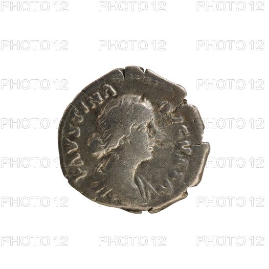 Denarius, Marcus Aurelius (121–180), Faustina the Younger (ca. 130–176), imperial bust of Faustina the Younger; obverse inscription: FAVSTINA AVGVSTA. Bust of the empress right, draped, hair in waves tied in a bun; pearl border. Reverse: I V N O — Juno standing left, holding a patera in her right hand and a scepter in her left, a peacock at her feet; pearl border. Date: 161–176. Rome, Roman Empire. Coin; weight 3.10 g.