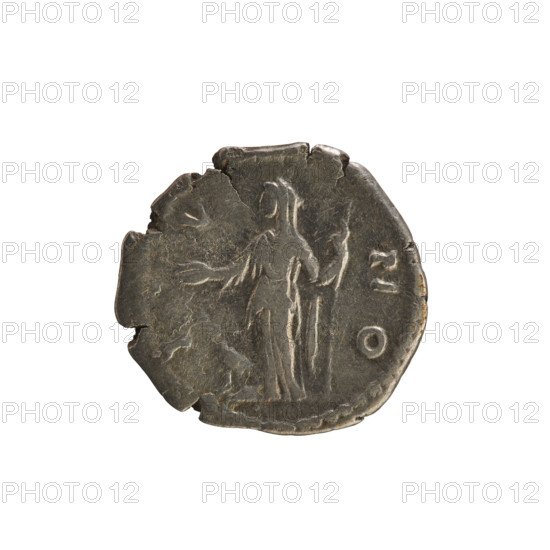 Denarius, Marcus Aurelius (121–180), Faustina the Younger (ca. 130–176), bust of Faustina the Younger (ca. 130–176) — Obv.: FAVSTINA AVGVSTA. Bust of the empress to right in drapery, hair in waves tied in a bun; pearl border. Rev.: I V N O. Juno standing left, holding a patera in her right hand and a scepter in her left, peacock at her feet; pearl border. Attributes: scepter, patera, peacock. Roman, 161–176, Rome, Roman Empire. Coin, weight 3.10 g.