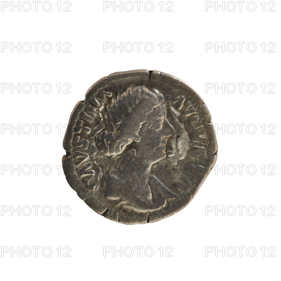 denarius, Marcus Aurelius (121-180; Roman emperor 161-180), Faustina the Younger (ca. 130-176; Roman empress 161-176), imperial busts, Faustina the Younger, Marcus Aurelius, treasures (numism), Juno (mythology), Faustina the Younger - iconography, patera (attribute), peacock (attribute), scepter (attribute). Obv. FAVSTINA AVGVSTA. Bust of the empress on the right in drapery, with hair arranged in waves and tied in a bun at the back of the head. Pearl border. Rv. I V N O. Juno stands turned left, holding a patera in her right hand and a scepter in her left, a peacock at her feet. 161–176, Rome, Roman Empire (27 BC–476), coin, weight 3.07 g