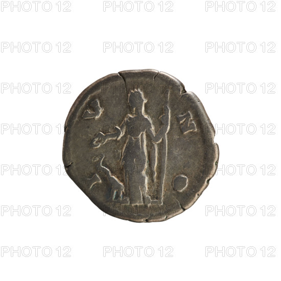 denarius, Marcus Aurelius (121–180; Roman emperor 161–180), Faustina the Younger (ca. 130–176; Roman empress 161–176), imperial busts, Faustina the Younger — iconography, Marcus Aurelius, treasures (numism), Juno (mythology), patera (attribute), peacock (attribute), scepter (attribute). Obv. FAVSTINA AVGVSTA — Bust of the empress on the right in drapery, with hair arranged in waves and tied in a bun at the back of the head. Pearl border. Rv. I V N O — Juno stands turned left, holding a patera in her right hand and a scepter in her left, a peacock at her feet. 161–176, Rome, Roman Empire (27 BC–476). Coin, weight 3.07 g.