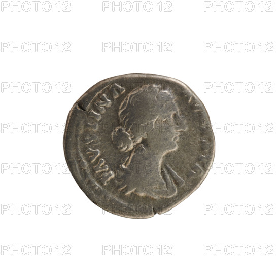 denarius, Marcus Aurelius (121–180; Roman emperor 161–180), Faustina the Younger (ca. 130–176; Roman empress 161–176). Obverse: Bust of the empress right, draped, hair in waves tied in a bun, pearl border; legend FAVSTINA AVGVSTA (second part cropped). Reverse: Juno standing left, holding a patera in right hand and a scepter in left, peacock at her feet, pearl border; legend I V N O. Date: 161–176. Roman Empire (27 BC–476), Rome. Coin, weight 3.15 g, axis 180°.