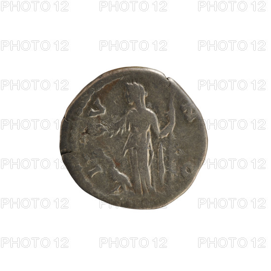denarius, Marcus Aurelius (121–180; Roman emperor 161–180), Faustina the Younger (ca. 130–176; Roman empress 161–176); imperial busts; Marcus Aurelius; Juno (mythology); Faustina the Younger — iconography; scepter (attribute); patera (attribute); peacock (attribute). Obv. FAVSTINA AVGVSTA (second part of the legend cropped). Bust of the empress on the right in drapery, hair arranged in waves and tied in a bun at the back of the head. Pearl border. Rev. I V N O: Juno stands turned left, holding a patera in her right hand and a scepter in her left, with a peacock at her feet. 161–176, Roman Empire (27 BC–476), Rome; coin; weight 3.15 g; axis 180 degrees.