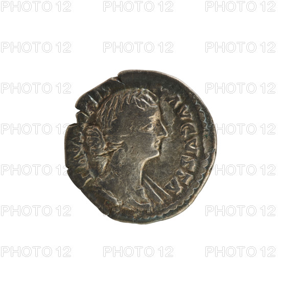 Denarius, Marcus Aurelius (121–180; Roman emperor 161–180) and Faustina the Younger (c.130–176; Roman empress 161–176). Obverse: Bust of Faustina the Younger right, draped, hair in waves tied in a bun, pearl border. Reverse: I V N O — Juno standing left, holding a patera in her right hand and a scepter in her left, with a peacock at her feet, pearl border. Date: 161–176. Roman Empire (27 BC–476). Rome. Coin, weight 3.01 g, axis 180°.