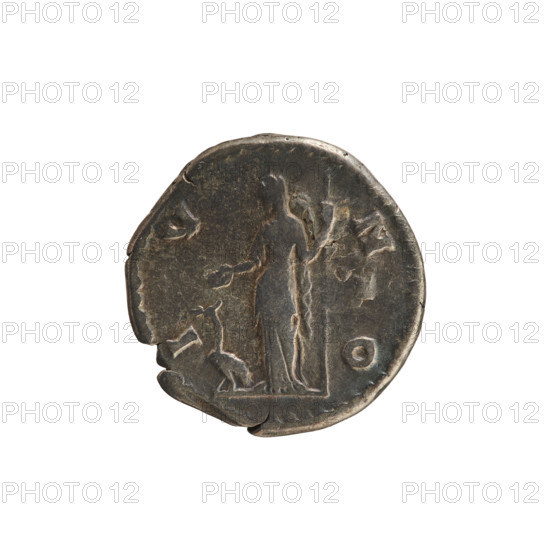 Denarius, Marcus Aurelius (121–180; Roman emperor 161–180) and Faustina the Younger (c.130–176; Roman empress 161–176). Obverse: Bust of Faustina the Younger right, draped, hair in waves tied in a bun, pearl border. Reverse: Juno standing left, holding a patera in her right hand and a scepter in her left, peacock at her feet, pearl border. Iconography: imperial busts; Juno with scepter, peacock, patera. Date: 161–176. Roman Empire, Rome. Coin; weight 3.01 g; axis 180°.