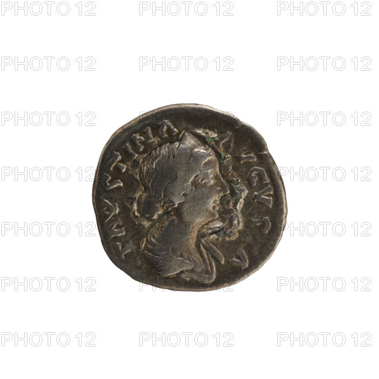 Denarius, Marcus Aurelius (121–180; Roman emperor 161–180) and Faustina the Younger (ca. 130–176; Roman empress 161–176). Obverse: FAVSTINA AVGVSTA — bust of the empress right, draped, hair in waves tied in a bun, wearing a diadem; pearl border. Reverse: LAET I TIA — Laetitia standing left, right hand holding a wreath, left hand diagonally holding a scepter; pearl border. Iconography: imperial busts, scepter (attribute), Laetitia (personification), laurel wreath (attribute). Date: ca. 161–176. Roman Empire (27 BC–476). Rome. Coin, weight 3.38 g, axis 180°.