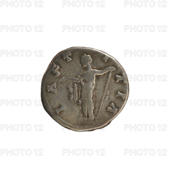 denarius, Marcus Aurelius (121–180; Roman emperor 161–180), Faustina the Younger (ca. 130–176; Roman empress 161–176); busts of Faustina the Younger; imperial busts; Marcus Aurelius; Faustina the Younger — iconography; scepter (attribute); Laetitia (personification); laurel wreath (attribute). Obv. FAVSTINA AVGVSTA — Bust of the empress right, in drapery, hair arranged in waves and tied in a bun at the back, wearing a diadem. Pearl border. Rev. LAETITIA — Laetitia stands turned left, right hand holding a wreath, left hand diagonally holding a scepter. Pearl border. Date: 161–176. Roman Empire (27 BC–476). Rome. Coin. Weight: 3.38 g. Axis: 180°.
