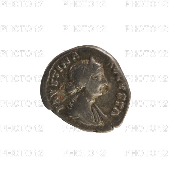 Denarius, Marcus Aurelius (121–180) and Faustina the Younger (ca. 130–176). Obverse: Draped bust of Empress Faustina the Younger right, hair in waves tied in a bun, wearing a diadem; legend FAVSTINA AVGVSTA; pearl border. Reverse: Laetitia standing right, holding a wreath in left hand and a scepter diagonally in right; legend LAE TI TIA; pearl border. Roman Empire, ca. 161–176. Coin, weight 3.12 g.
