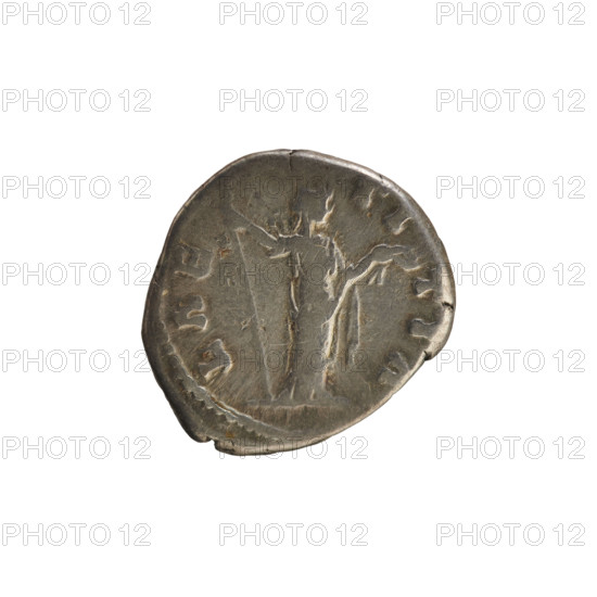 Denarius, Marcus Aurelius (121–180; Roman emperor 161–180) and Faustina the Younger (ca. 130–176; Roman empress 161–176). Obverse: FAVSTINA AVGVSTA — Draped bust of the empress right, hair in waves tied in a bun, wearing a diadem; pearl border. Reverse: LAE TI TIA — Laetitia standing facing right, holding a wreath in her left hand and a scepter diagonally in her right; pearl border. Iconography includes imperial bust, Laetitia (personification), laurel wreath and scepter attributes. Roman Empire, Rome, 161–176. Coin; weight 3.12 g.