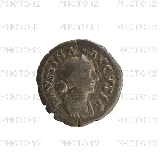 Denarius, Marcus Aurelius (121–180; Roman emperor 161–180) and Faustina the Younger (ca. 130–176; Roman empress 161–176). Obv. FAVSTINA AVGVSTA — Bust of the empress right, draped, hair in waves tied in a bun, wearing a diadem; pearl border. Rev. SALVS — Salus seated facing left, right hand feeding a snake wrapped around an altar, left elbow resting on the back of the seat. Date: 161–176. Roman Empire (27 BC–476), Rome. Coin; weight 3.09 g; axis 180°.