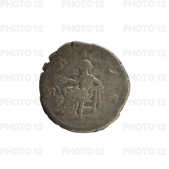Denarius, Marcus Aurelius (121–180; Roman emperor 161–180) and Faustina the Younger (ca. 130–176; Roman empress 161–176). Obverse: FAVSTINA AVGVSTA — bust of the empress right, draped, hair in waves tied in a bun, wearing a diadem; pearl border. Reverse: SALVS — Salus seated facing left, right hand feeding a snake wrapped around an altar, left elbow resting on the back of the seat. Roman Empire, ca. 161–176. Coin (denarius), Rome; weight 3.09 g; axis 180°.
