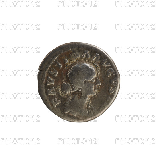 Denarius, Marcus Aurelius (121–180; Roman emperor 161–180) and Faustina the Younger (ca. 130–176; Roman empress 161–176). Obverse: FAVSTINA AVGVS — Draped bust of the empress to right, hair arranged in waves and tied in a bun; pearled border. Reverse: SAECVLI FELICITAS — Throne decorated with drapery on which two children sit; pearled border. Date: 161–176. Roman Empire (27 BC–476), Rome. Coin; weight 3.15 g; axis 180°.