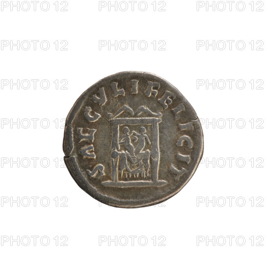 Denarius, Marcus Aurelius (121–180; Roman emperor 161–180) and Faustina the Younger (ca. 130–176; Roman empress 161–176). Obverse: Draped bust of the empress on the right, hair arranged in waves and tied in a bun at the back of the head; legend FAVSTINA AVGVS. Pearled border. Reverse: SAECVLI FELICITAS; throne decorated with drapery on which two children sit. Imperial busts; iconography includes throne with two children. Roman Empire, 161–176. Rome. Coin, weight 3.15 g, axis 180°.