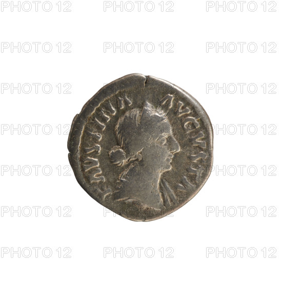 Denarius, Roman Empire (27 BC–476), 161–176 CE. Obverse: FAVSTINA AVGVSTA — draped bust of Faustina the Younger (ca. 130–176; Roman empress 161–176) facing right, hair in waves tied in a bun, wearing a diadem; pearl border. Reverse: SAECVLI FELICIT — throne decorated with drapery on which two children sit; pearl border. Imperial busts; weight 3.34 g; axis 180°.