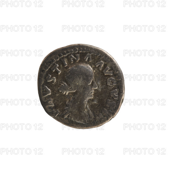 Denarius, Marcus Aurelius (121–180; Roman emperor 161–180) and Faustina the Younger (ca. 130–176; Roman empress 161–176). Obverse: bust of the empress to the right in drapery, hair arranged in waves and tied in a bun at the back, pearl border, inscription: 'ADV. FAVSTINA AVGVSTA'. Reverse: Venus stands facing left, holding a dove in her raised right hand and a scepter in her left, pearl border, inscription: 'VE NVS'. Date: 161–176 CE, Roman Empire (27 BC–476), Rome. Coin, weight 3.09 g, axis 180°.