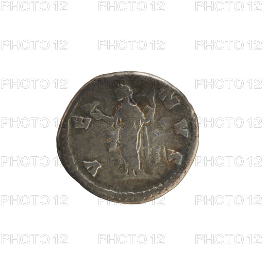 denarius, Marcus Aurelius (121–180; Roman emperor 161–180), Faustina the Younger (ca. 130–176; Roman empress 161–176), busts, imperial busts, Venus (mythology), Faustina the Younger — iconography, sceptre (attribute). Obverse: 'ADV. FAVSTINA AVGVSTA' — bust of the empress right, in drapery, hair in waves tied in a bun, pearl border. Reverse: 'VE/NVS' — Venus stands facing left, holding a dove in her raised right hand and a scepter in her left, pearl border. Date: 161–176. Roman Empire (27 BC–476). Rome. Coin; weight 3.09 g; axis 180° .