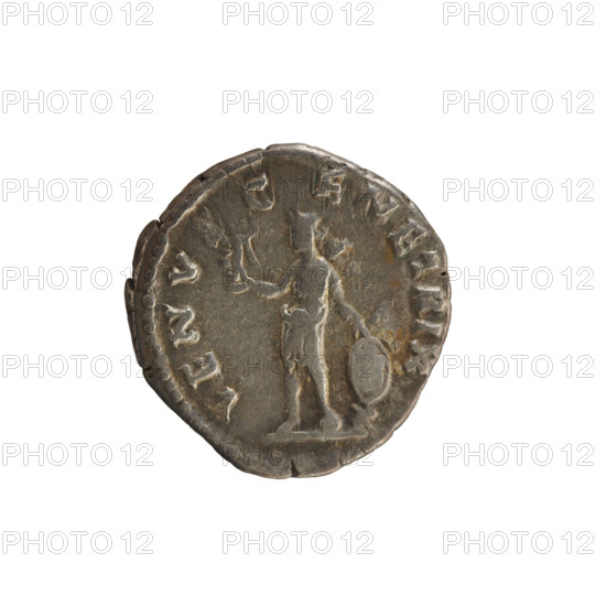 Denarius, Marcus Aurelius (121–180; Roman emperor 161–180) and Faustina the Younger (ca. 130–176; Roman empress 161–176). Obverse: Bust of the Empress right, in drapery, hair arranged in waves and tied in a bun, pearl border. Inscription: FAVSTINA AVGVSTA. Reverse: VENVGENETRIX — Venus in military dress, standing left, holding Victoria in her right raised hand and resting her left on a shield; pearl border. Date: 161–176. Roman Empire (27 BC–476). Rome. Coin, weight 3.11 g, axis 180°.