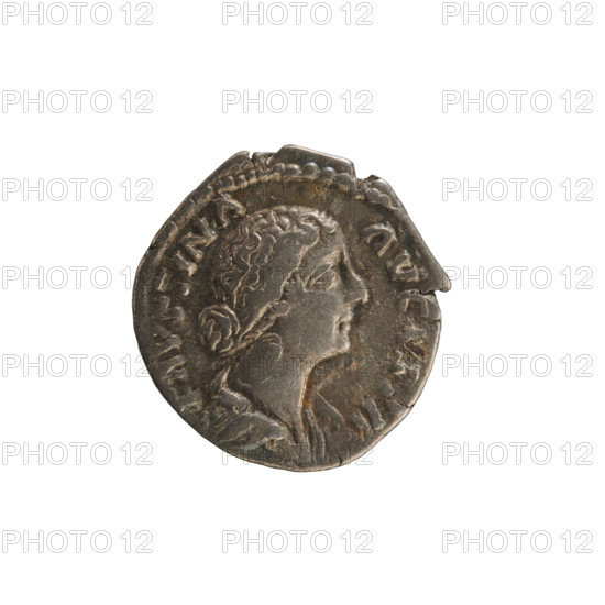 Denarius, Marcus Aurelius (121–180; Roman emperor 161–180) and Faustina the Younger (ca. 130–176; Roman empress 161–176). Obverse: Draped bust of Faustina the Younger facing right, hair arranged in waves and tied in a bun, pearl border; inscription 'FAVSTINA AVGVSTA'. Reverse: Vesta seated facing left, holding a palladium in her right hand and a scepter in her left, pearl border; inscription 'VESTA'. Imperial Roman coin, 161–176 CE; weight 3.33 g.