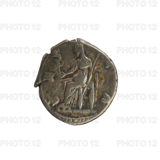 Denarius, Marcus Aurelius (121–180; Roman emperor 161–180) and Faustina the Younger (ca. 130–176; Roman empress 161–176). Imperial busts; obverse: FAVSTINA AVGVSTA — draped bust of the empress right, hair in waves tied in a bun, pearl border. Reverse: VESTA — Vesta seated left, holding a palladium in her right hand and a scepter in her left, pearl border. Iconography: Faustina the Younger, Vesta, scepter (attribute), palladium (attribute). Date: 161–176. Roman Empire; Rome. Coin, weight 3.33 g.