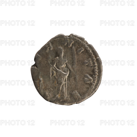 denarius, Marcus Aurelius (121–180; Roman emperor 161–180), Faustina the Younger (ca. 130–176; Roman empress 161–176, posthumously), busts of Faustina the Younger, iconography: imperial busts, Aeternitas (personification) with torch attribute. Obv. A FAV STINA PIA — Bust of the empress on the right in drapery, hair arranged in waves and tied in a bun at the back of the head; pearl border. Rev. RNITAS — Aeternitas stands upright with head turned left, right hand raising a veil over her right shoulder, left hand holding a long torch; pearl border. Date: 176–180. Roman Empire (27 BC–476), Rome. Coin; weight 3.29 g; axis 180°.'