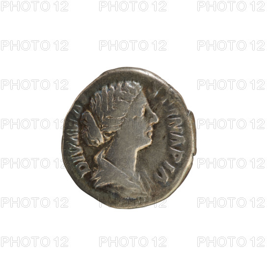 Denarius, Marcus Aurelius (121–180; Roman emperor 161–180) and Faustina the Younger (ca. 130–176; Roman empress 161–176, posthumously). Obverse: draped bust of the empress on the right, hair arranged in waves and tied in a bun at the back, with pearl border; inscription 'DIVA FAVSTINA PIA'. Reverse: peacock standing facing right, pearl border; inscription 'CONSECRATIO'. Date: 176–180. Roman Empire, Rome. Coin; weight 3.36 g.