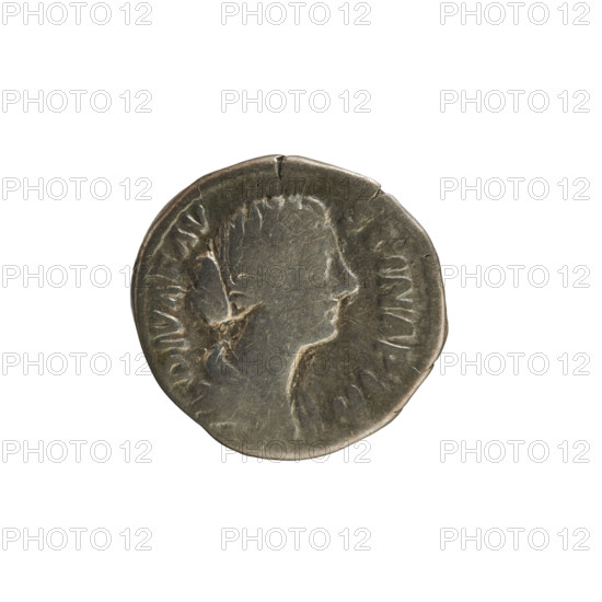 Denarius, Marcus Aurelius (121–180; Roman emperor 161–180), Faustina the Younger (ca. 130–176; Roman empress 161–176, posthumously). Obverse: DIVA FAVSTINA PIA — draped bust of the empress right, hair arranged in waves and tied in a bun, pearl border. Reverse: CONSECRATIO — peacock standing right, pearl border. Date: 176–180. Roman Empire (27 BC–476). Rome. Coin. Weight: 2.85 g.