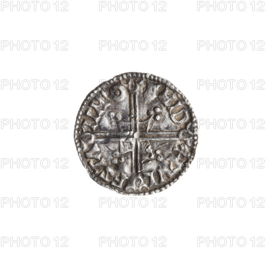Denarius, Ethelred II (978–1016), Wulfstan. Obverse: bust of the ruler in armor and radial helmet, facing left. Legend: + · AED · ELRAED REX ANGL (with two dots at the upper arms of the cross and a line through AED). Reverse: long, empty, equal-armed cross; at the intersection, adjacent squares filled with dots, vertices terminating in three balls. Legend divided by the arms of the cross: +WVL-FS (reversed) TA-NM`O (elongated apostrophe after M, O with a disc in the middle) - ND. Date ca. 1003–1009. England, London. Coin; weight 1.40 g.