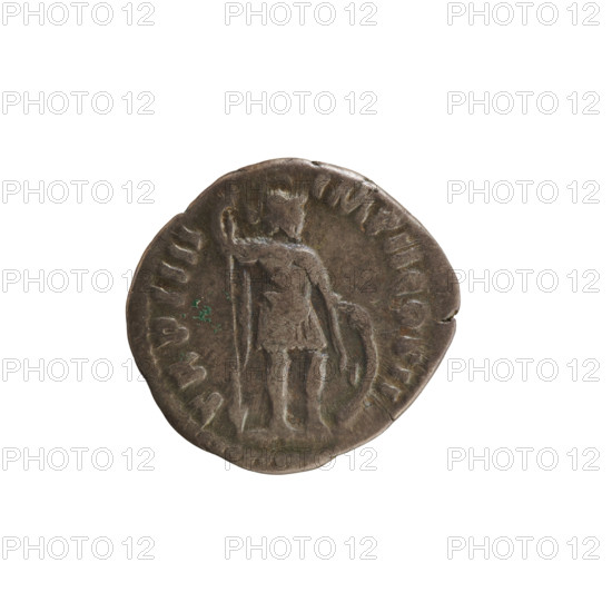 denarius, Lucius Verus (130–169; Roman emperor 161–169), obverse: emperor's head right with laurel wreath; legend 'L. VERVS AVG ARME', pearl border; reverse: Mars in military attire standing right, holding a spear in his right hand and left hand resting on a shield; legend 'TR P IIII IMP II COS II', pearl border; 163–164, Roman Empire (27 BC–476), Rome; coin, weight 3.16 g, axis 180°.