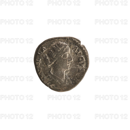 Denarius, Lucius Verus (130–169; Roman emperor 161–169) and Lucilla (149–182; Roman empress 164–169). Obverse: Bust of Lucilla right, hair styled in waves and tied in a bun at the back of the head; pearl border; inscription: 'ADV. LVCILLA   AVGVSTA.' Reverse: Hilaritas standing facing left, holding a long palm in her right hand and a cornucopia in her left; pearl border; inscription: 'HIL A R ITAS.' Imperial busts; iconography of Lucilla and Hilaritas (personification). Date: 164–169. Place: Rome, Roman Empire. Coin; weight 2.93 g; axis 180°.