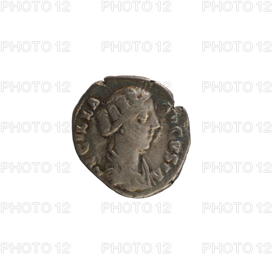 Denarius, Lucius Verus (130–169) and Lucilla (149–182), 164–169 CE. Obverse: Bust of Lucilla right, hair styled in waves and tied in a bun at the back of the head; pearl border; inscription 'ADV. LVCILLA AVGVSTA'. Reverse: Hilaritas standing facing left, holding a long palm in her right hand and a cornucopia in her left; pearl border; inscription 'HI, A RITAS'. Roman Empire, Rome. Coin; weight 2.88 g; axis 180°.