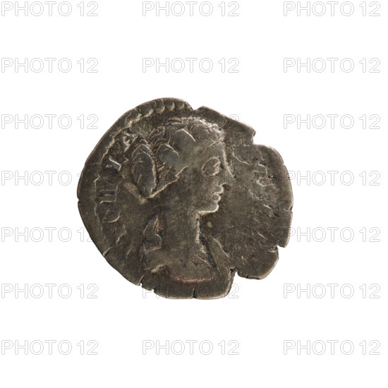 Denarius of Lucius Verus (130–169) and Lucilla (149–182), 164–169 CE. Obverse: Bust of Lucilla right, hair styled in waves and tied in a bun at the back of the head; pearl border; inscription 'ADV. LVCILLA'. Reverse: Hilaritas standing facing left, holding a long palm in her right hand and a cornucopia in her left; pearl border; inscription 'HIL A RIT'. Roman Empire (Rome). Coin; weight 2.20 g; axis 180°.