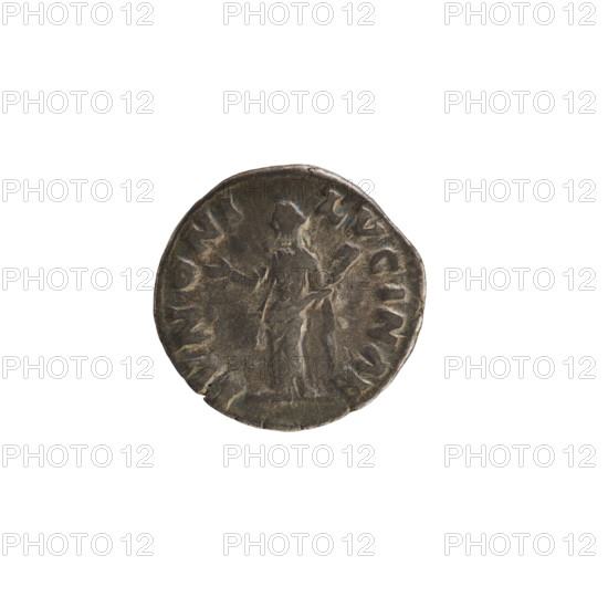 Denarius, Lucius Verus (130–169; Roman emperor 161–169) and Lucilla (149–182; Roman empress 164–169). Obverse: Bust of Lucilla right, hair arranged in waves and tied in a bun at the back of the head; pearl border; inscription 'ADV. LVCILLAE AVG ANTONINI AVG'. Reverse: Juno (veiled) standing facing left, right hand raised, holding a child in her left; pearl border; inscription 'IVNONI LVCINAE'. Date: 164–169. Roman Empire (27 BC–476), Rome. Coin; weight 3.24 g.