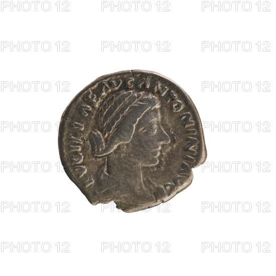 Denarius, Lucius Verus (130–169; Roman emperor 161–169), Lucilla (149–182; Roman empress 164–169). Obverse: Bust of Lucilla right, hair in waves and tied in a bun at the back of the head; legend ADV. LVCILLAE AVG ANTONINI AVG. Pearl border. Reverse: Juno standing facing left, in a veil, holding a child in her left arm and raising her right hand; legend IVNO NI LVCINAE. Roman Empire, 164–169. Coin (denarius), weight 3.14 g, axis 180°.