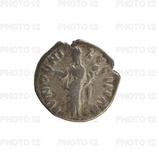 denarius, Lucius Verus (130–169; Roman emperor 161–169), Lucilla (149–182; Roman empress 164–169), busts, Lucius Verus, imperial busts, Lucilla, treasures (numism.), Juno (mythology), Lucilla — iconography; Juno standing with a child in her arms; legend ADV. LVCILLAE AVG ANTONINI AVG; obverse: Bust of Lucilla right, hair in waves and tied in a bun at the back of the head. Pearl border. Reverse legend IVNO NI LVCINAE; Juno, in a veil, standing facing left, right hand raised, holding a child in her left. Pearl border. Date: 164–169; Roman Empire (27 BC–476); Rome; coin; weight 3.14 g; axis 180°.