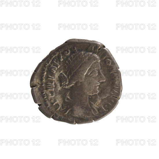 Denarius, Lucius Verus (130–169), Lucilla (149–182), bust of Lucilla right, hair arranged in waves and tied in a bun at the back of the head; pearl border. Reverse: Juno veiled, standing facing left, right hand raised, holding a child in her left; pearl border; inscriptions: Adv. LV ILLAE ANTONINI AVG (obverse), IVNONI LVCINAE (reverse). Date: 164–169. Roman Empire (27 BC–476), Rome. Coin; weight 2.85 g.