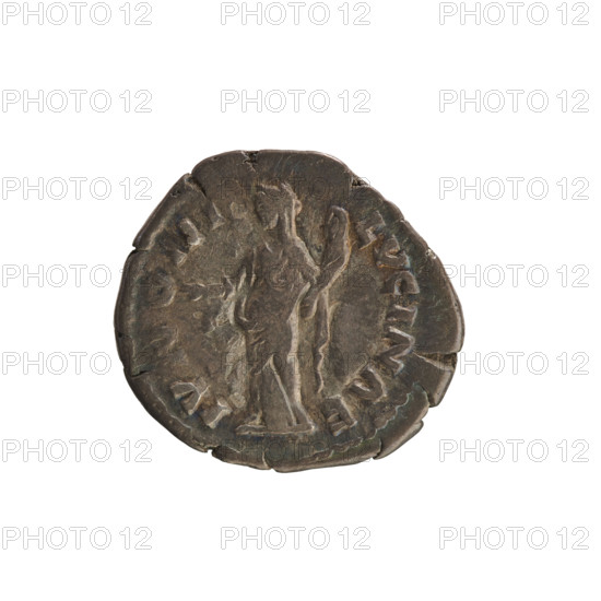 Denarius of Lucius Verus (130–169; Roman emperor 161–169) with bust of Lucilla (149–182; Roman empress 164–169) on obverse. Obverse: Bust of Lucilla right, hair arranged in waves and tied in a bun at the back of the head; pearl border; inscription ADV. LV, ILLAE, ANTONINI AVG. Reverse: Juno veiled, standing facing left, right hand raised, holding a child in her left; pearl border; inscription IVNONI LVCINAE. Date: 164–169. Roman Empire, Rome. Coin (denarius), weight 2.85 g.